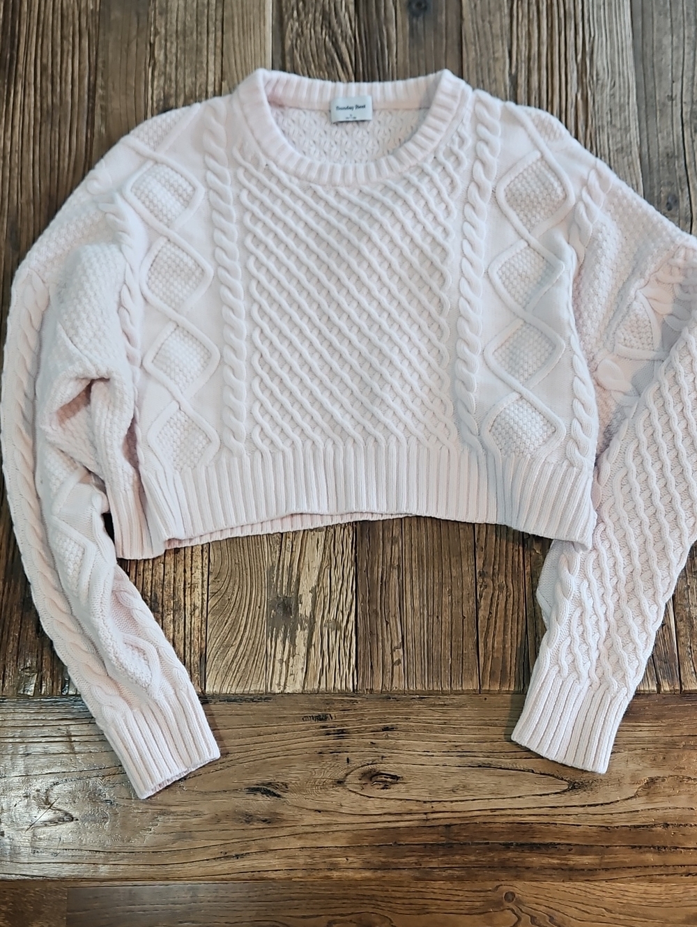 Aritzia Sunday Best Pale Pink Cable Knit Crop Sweater Merino Wool Organic Cotton